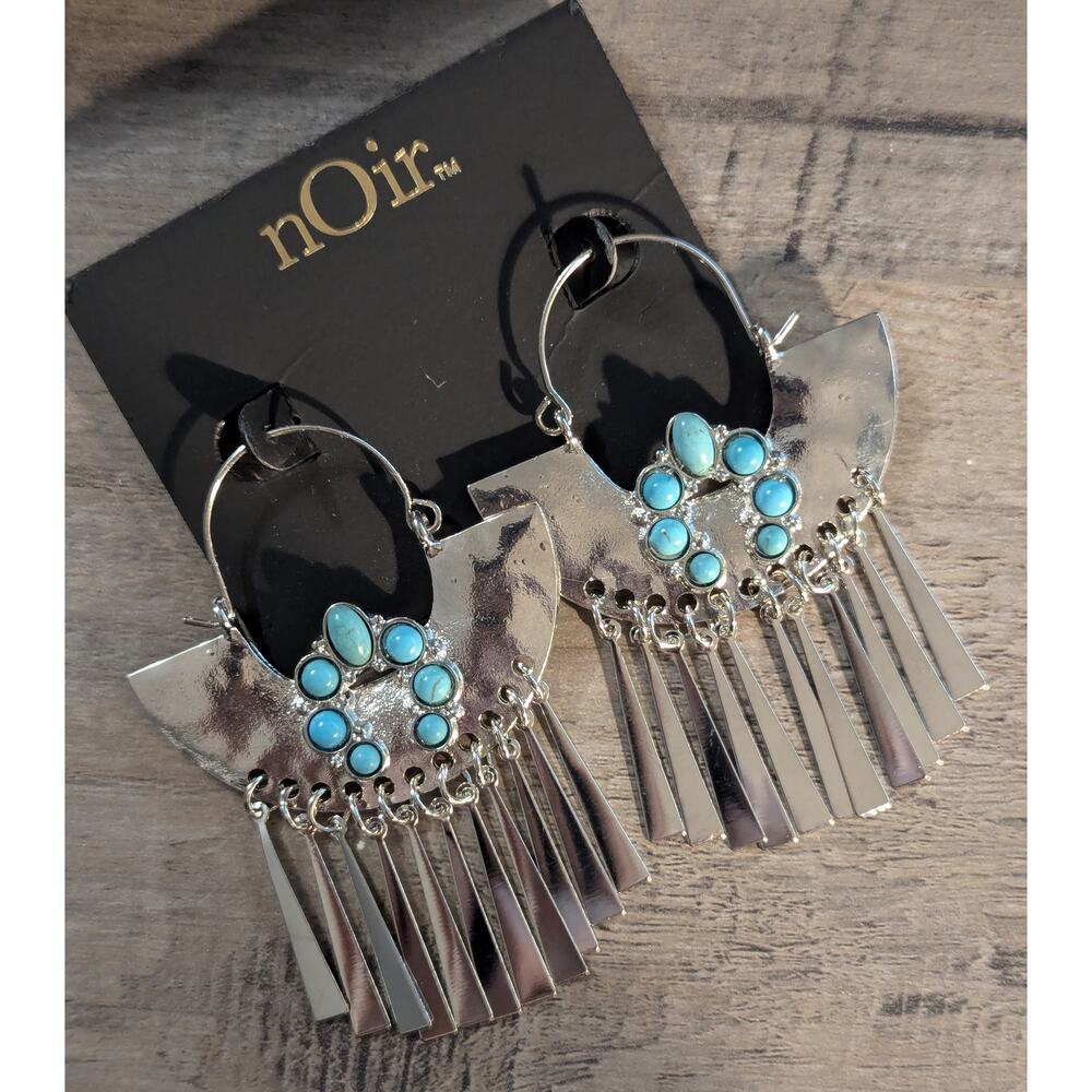 nOir Silver and Turquoise Stone Hoop Earrings - Picture 2 of 5